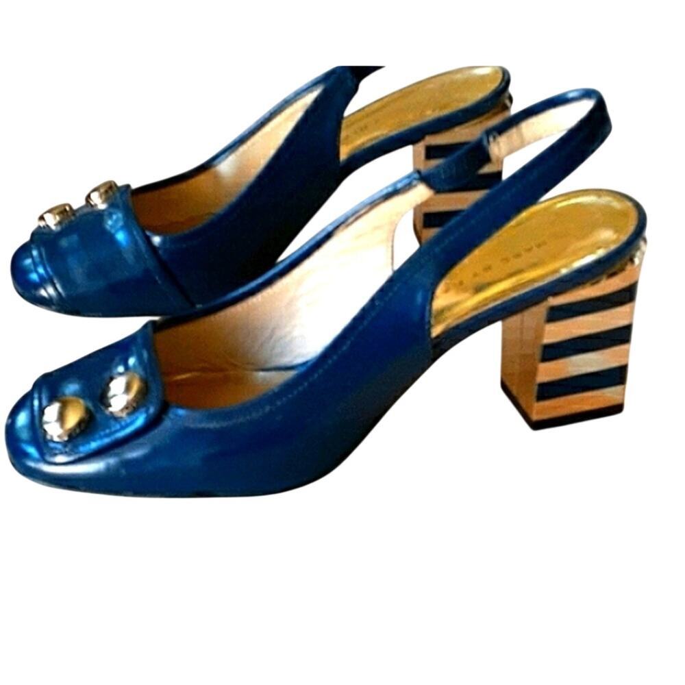 Marc by Marc Jacobs Sliingbacks Blue Gold Striped Heels 35.5 Art Deco City Chic‎